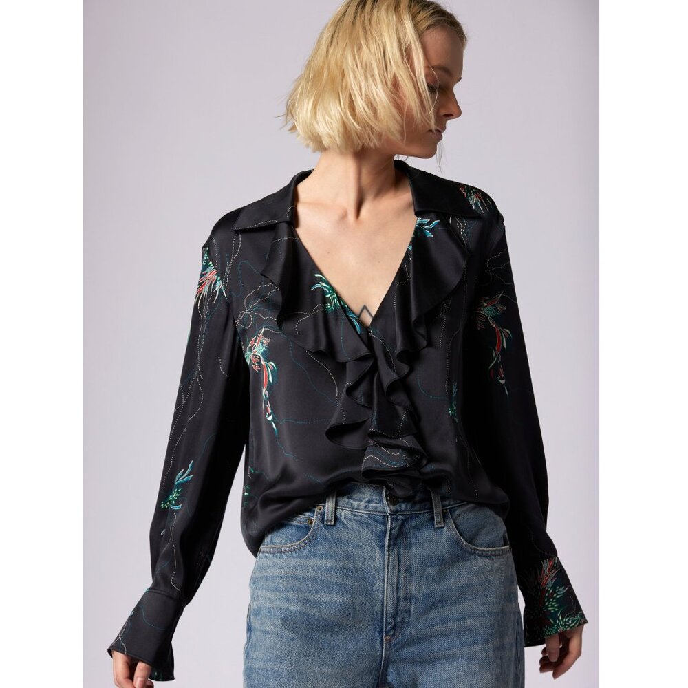 Equipment Mathilda Floral Washed Silk Ruffle Long Sleeve Blouse